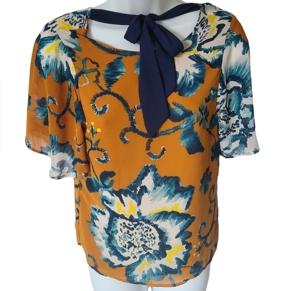 H & M Goldenrod Sheer Floral Print Short Sleeve Blouse Size Small - Picture 2 of 5